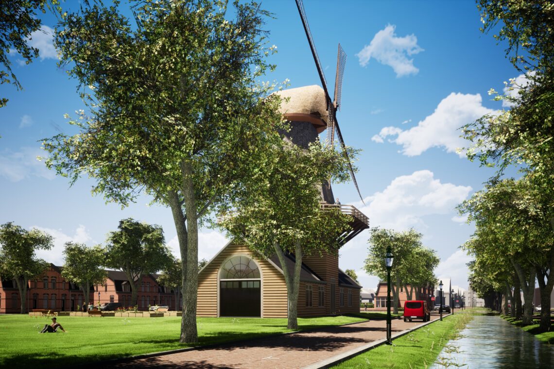 Artist impression van het nieuwe Vinkenterrein in Den Helder met molen
